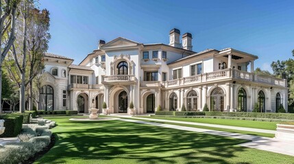 Fototapeta premium Elegant white mansion with intricate stonework and manicured lawns.