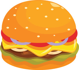 Fresh tasty burger with meat patty, cheese and vegetables on white background