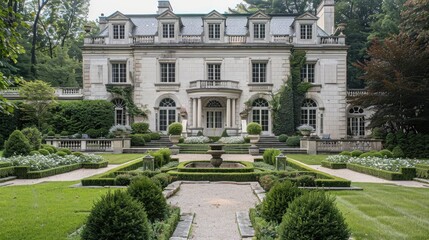 Fototapeta premium Front view of a white mansion with intricate stone detailing and garden.
