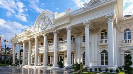 Obraz premium Grand white mansion with detailed columns and decorative moldings.