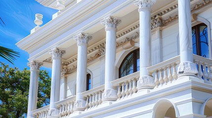 Fototapeta premium Grand white mansion with detailed columns and decorative carvings.