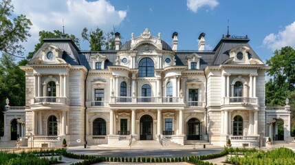 Obraz premium Grand white mansion with detailed stonework and classic architecture.
