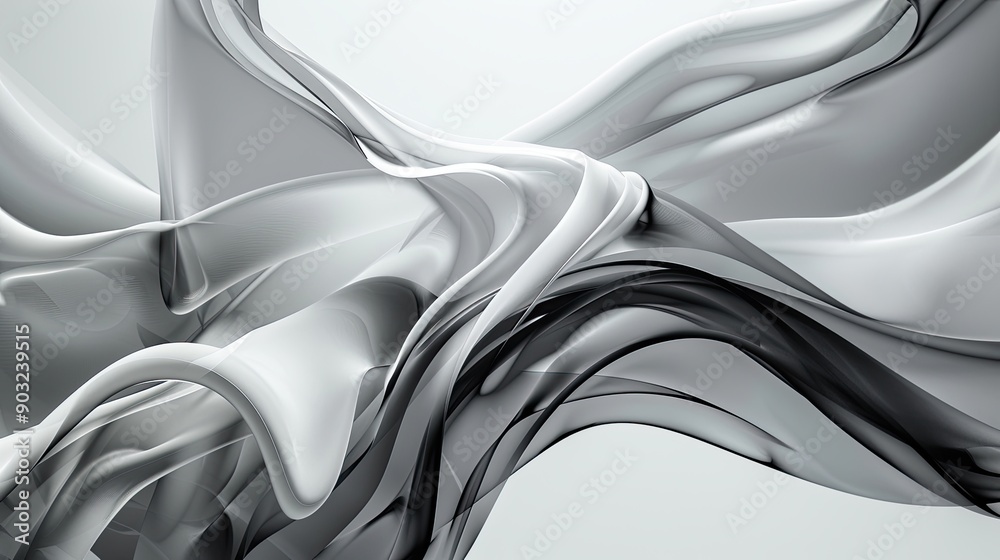 Poster futuristic gray forms flowing elegantly across a light background in soft waves