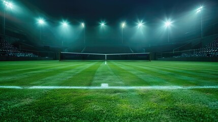Fototapeta premium Night match on a grass tennis court under bright stadium lights.