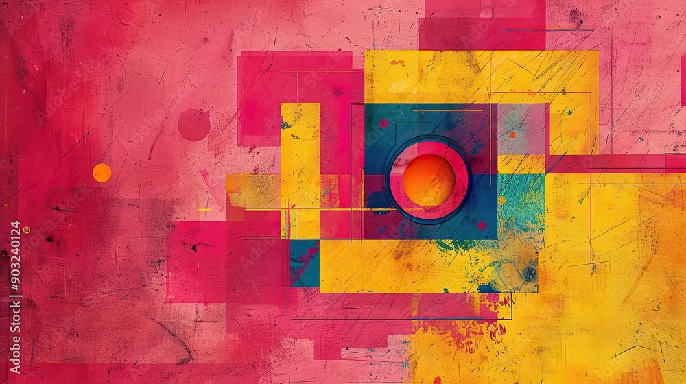 Poster vibrant minimalist drawing featuring geometric shapes in primary colors against a bold background