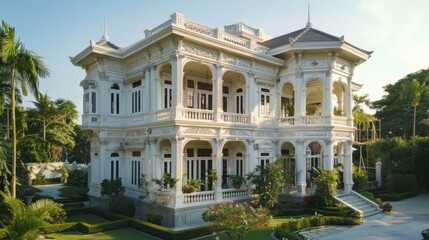 Ornate white mansion with intricate facade and lush garden.