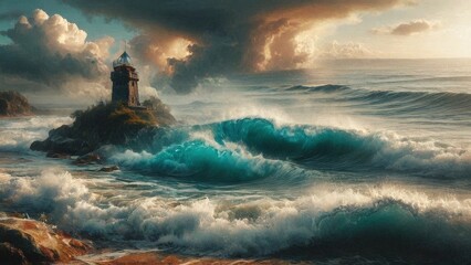 Fototapeta premium Lighthouse on a Rocky Outcrop with Dramatic Waves