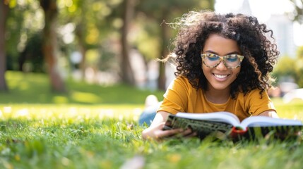 beautiful brunette woman with glasses reading on a green meadow in a park