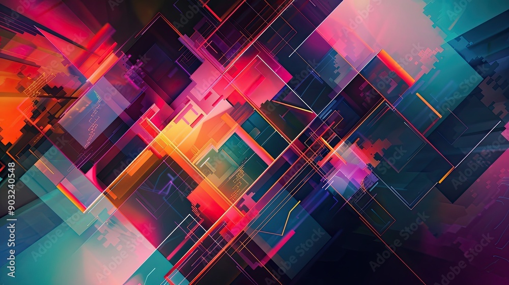Poster vibrant neon geometric forms merging into striking abstract digital art design