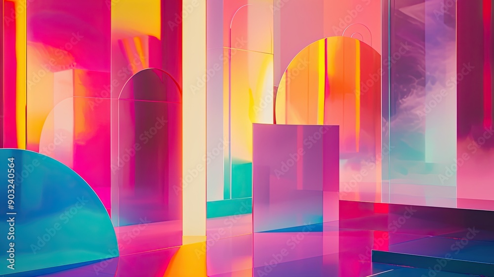 Poster vibrant neon geometric forms merging in a futuristic digital art environment