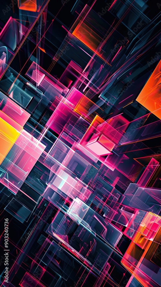 Poster dynamic neon colored geometric forms interacting in a futuristic digital landscape