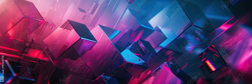 Poster vibrant neon geometric forms merging in dynamic digital art composition at night