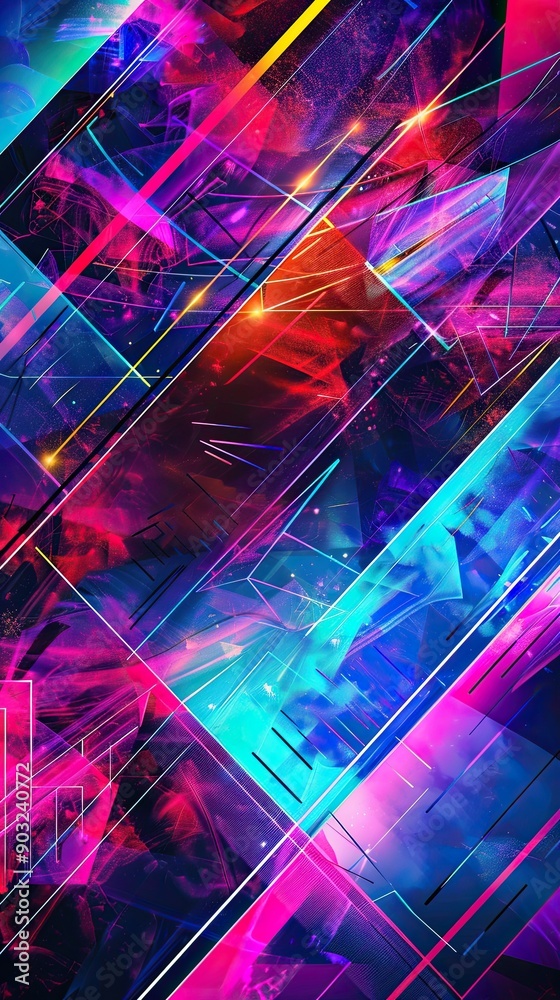 Aufkleber vibrant neon geometric forms merging with digital art in an abstract composition