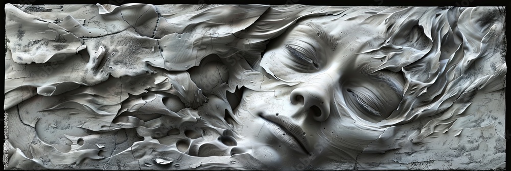 Poster intricate sculptural work featuring a serene face emerging from abstract textured background