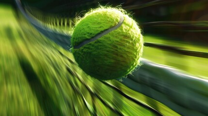 Tennis ball flying over the net during a fast-paced grass court match.