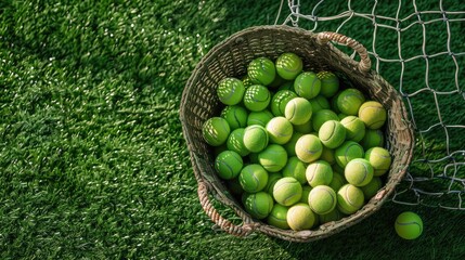 Tennis balls in a basket beside the net on a grass court.
