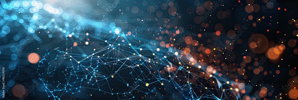 Poster exploring machine learning connections in a high-tech digital landscape at night