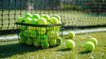 Tennis balls in a basket beside the net on a grass court.