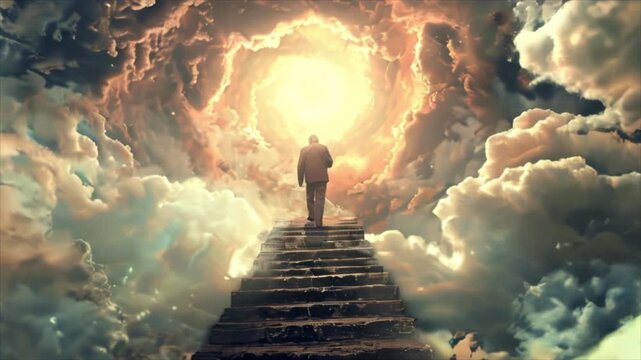 Old man walking up the stairs among clouds in the sky to shining bright light symbolizing heaven or Christian paradise. Life end and time passing concept