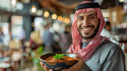 Smiling Arab Man Holding a Dish of Food