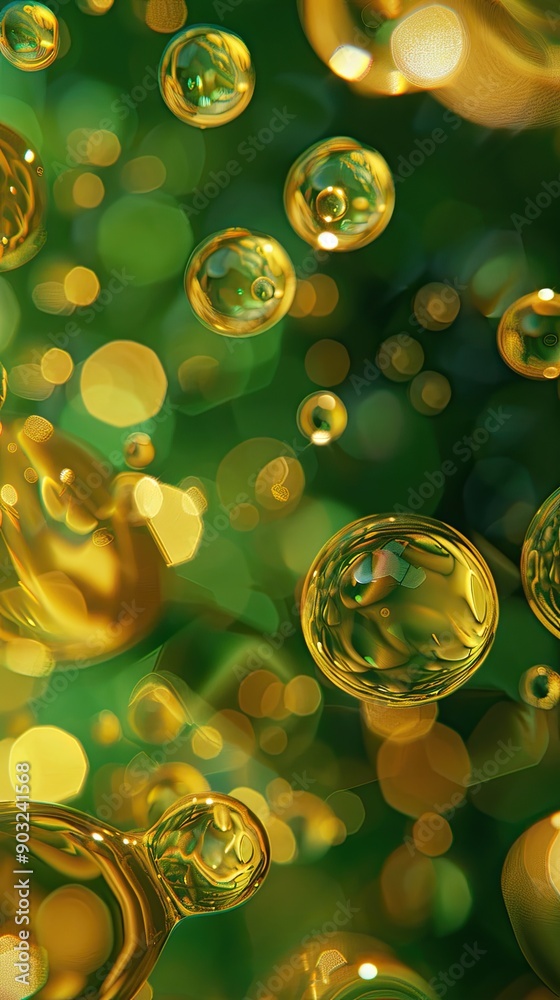Poster Floating Yellow Oil Bubbles Create a Stunning Visual Against a Green Background in an Octane Render