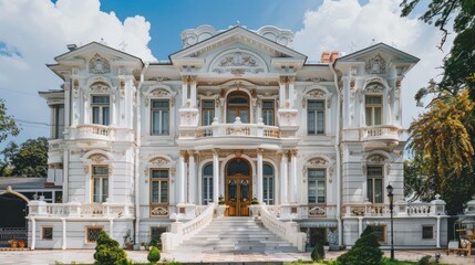 Fototapeta premium White mansion with intricate detailing on the facade, elegant and grand architecture.