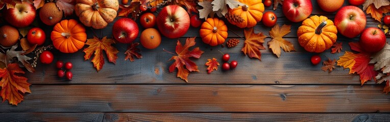 Autumn Harvest of Apples and Pumpkins on Dark Wood