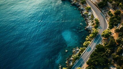 Aerial view of road on shore of blue sea