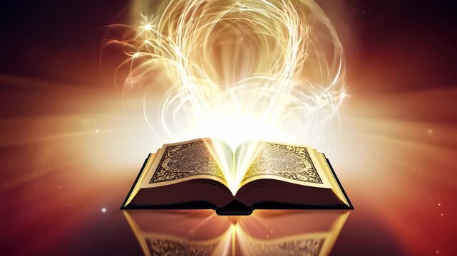 Open magical book with glowing abstract lights