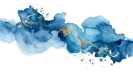 Blue watercolor illustration with gold accents