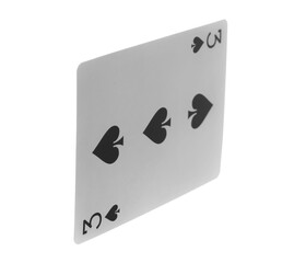 Flying playing card for poker and gambling, three of spades isolated on white, clipping path	