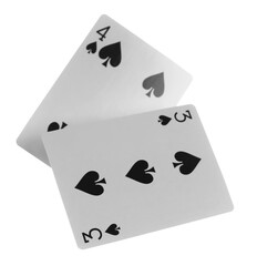 Flying playing card for poker and gambling, three and four spade isolated on white, clipping path	