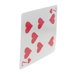 Flying playing card for poker and gambling, seven heart isolated on white, clipping path	