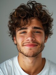 Fototapeta premium man, lite smile front portrait, curly hair, light gray white gradient background