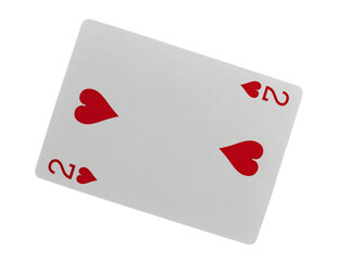 Flying playing card for poker and gambling, deuce heart isolated on white, clipping path	