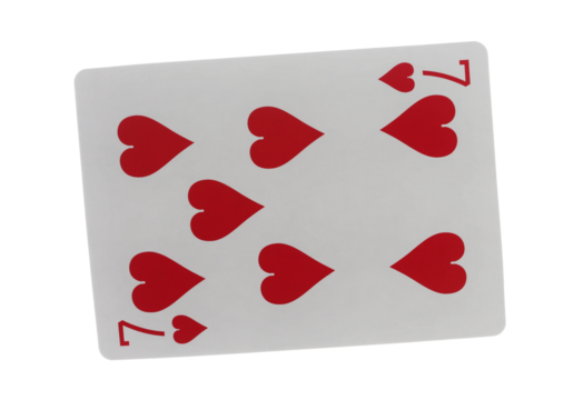 Flying playing card for poker and gambling, seven heart isolated on white, clipping path