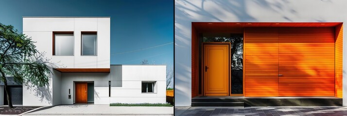 Modern White House with Orange Door and Wood Paneling
