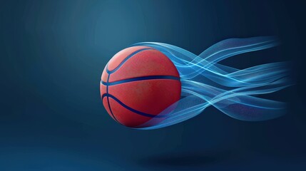Obraz premium A basketball with a blue glowing trail streaks across a dark blue background.