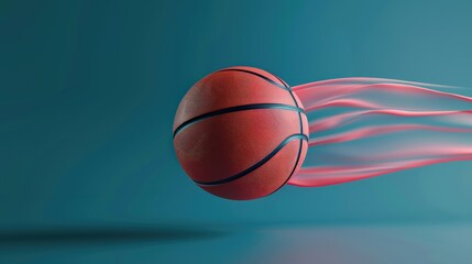A basketball with motion blur trails flying through the air against a teal background.