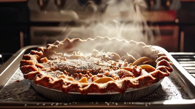 Apple pie on baking sheet pan with steam in the kitchen. Traditional fresh homemade bakery 