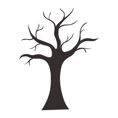 Black silhouette of tree without leaves. Halloween isolated icon on transparent background for design or sticker pack