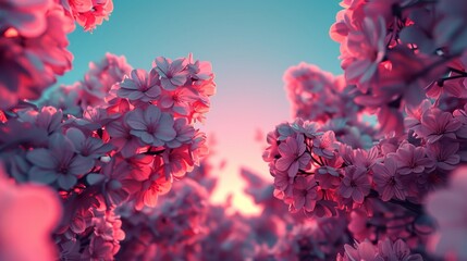 Obraz premium Blooming Pink Flowers at Sunset, Cherry Blossoms in Springtime, Scenic Nature Background