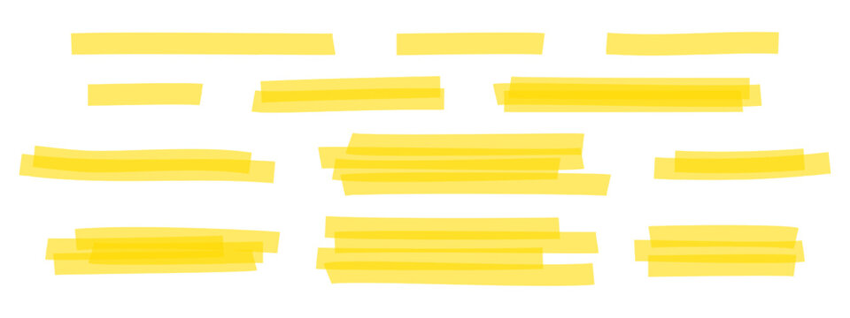 Set of yellow highlight marker lines. Different transparent hand drawn pen or brush underlines for important text selection isolated on white background. Vector realistic illustration.
