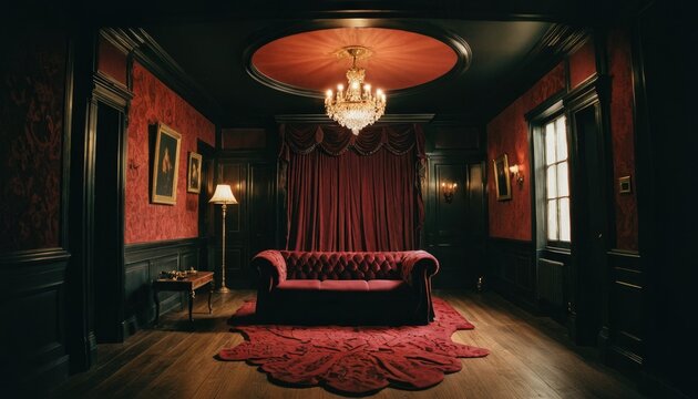 Fototapeta Victorian Living Room with Red Velvet Sofa and Chandelier.