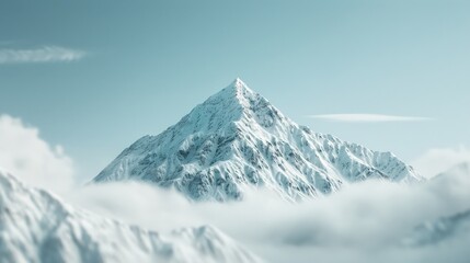 A majestic snow-capped mountain peak pierces through a sea of clouds, creating a serene and inspiring landscape.