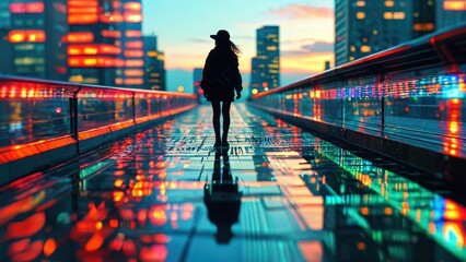 Fototapeta premium Woman Walking in the City at Sunset.
