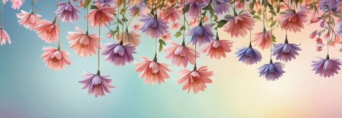 Delicate Pink and Purple Flowers Hanging on a Blurred Background.