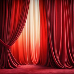 Curtain with soft smooth flowing folds. Deep red maroon color and luxurious texture create a dramatic and elegant atmosphere. Decoration and interior design. Expensive curtain made of rich fabric. AI