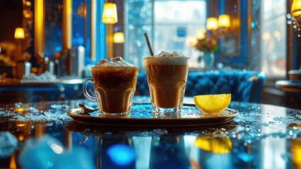 Iced Coffee and Lemon Slice on a Tray with Ice.