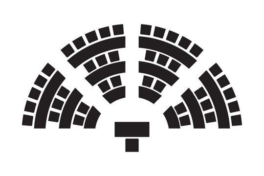 Auditorium seatings plan in half circle arrangment. Schematic diagram of seats in classroom, lectorium or meeting, conference or seminar event. Desks and chairs icons top view. Vector illustration